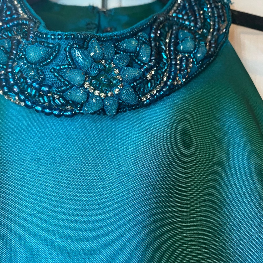 Teal Beaded Collar Dress mermaid style. Fitted bodice, beautiful design and back